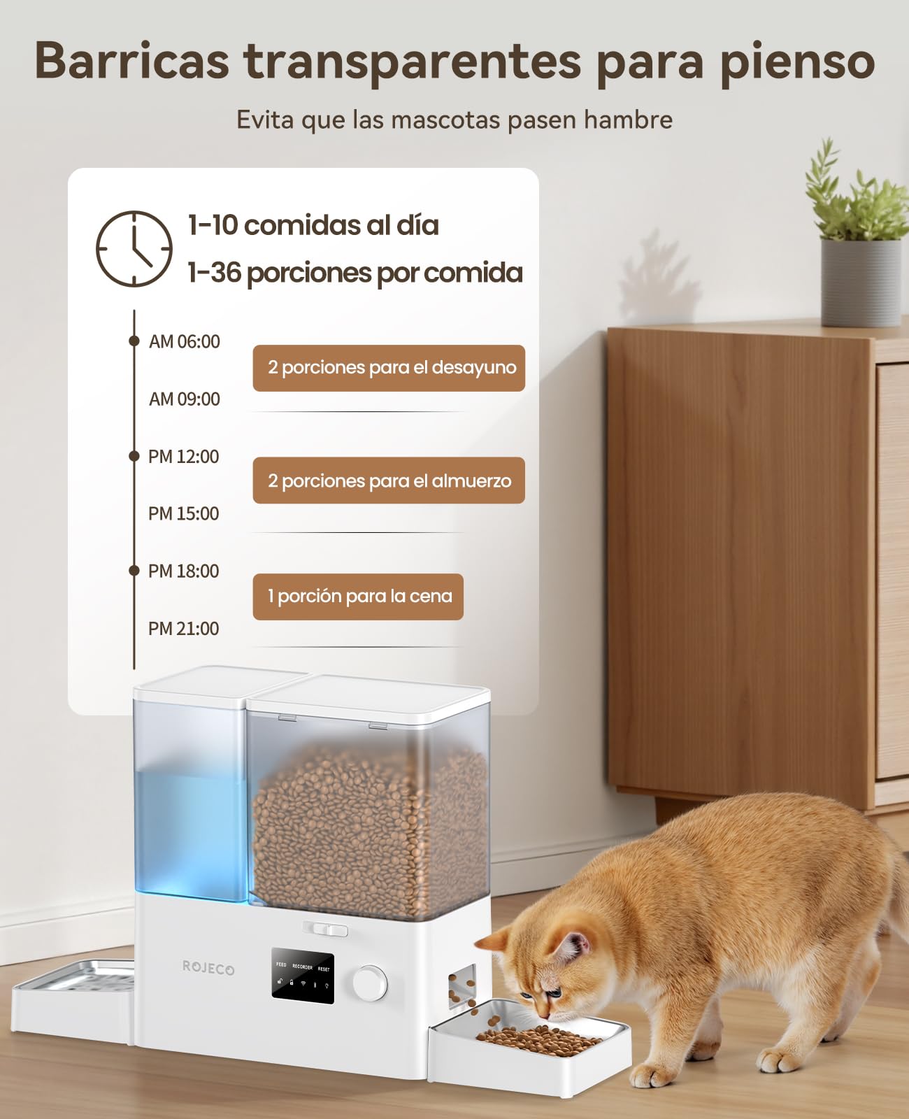 ROJECO Comedero automático para gatos y fuentes 2 en 1 – 8,5 L de capacidad total (5 L comedero + fuente de 3,5 litros), 1-36 porciones, 2 cuencos de acero inoxidable, sin BPA, para gatos y mascotas