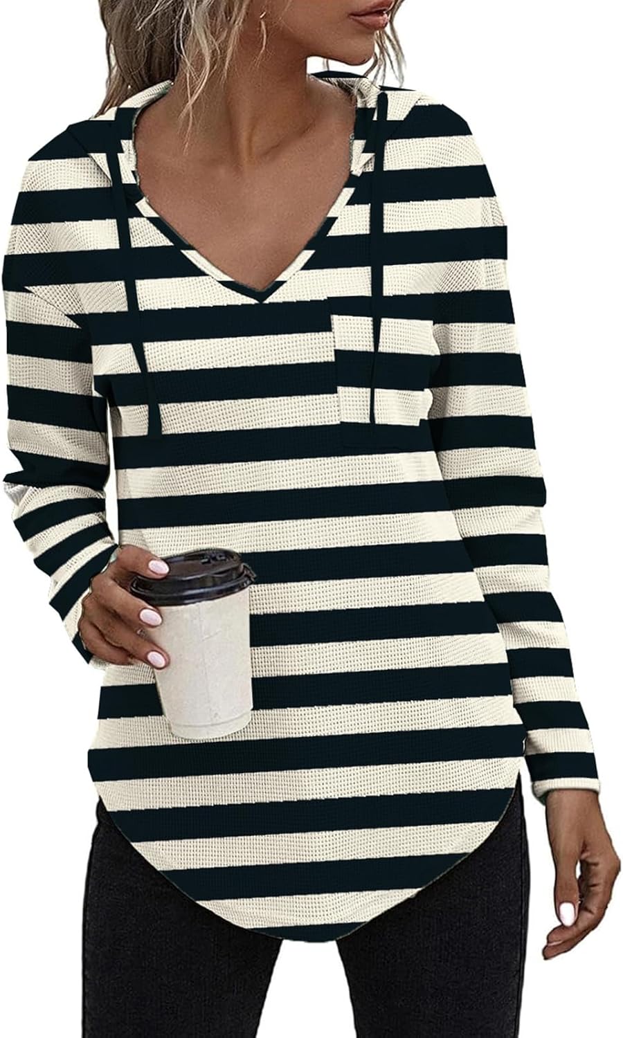 Eniloyal Hoodies for Women Waffle Long Sleeve Pullover Tops V Neck Fall Clothes Sweatshirts Trendy Sweater with Pockets