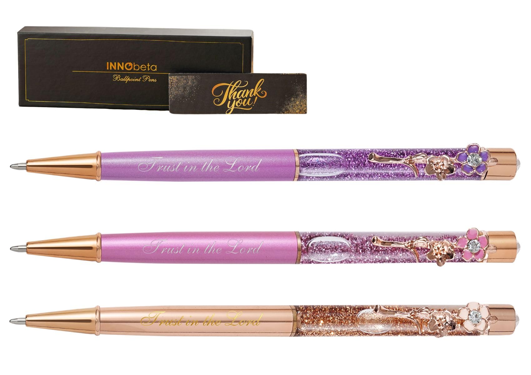 InnoBeta Christian Gifts, Floral Glitter Ballpoint Pen Set of 3, Spiritual Encouragement Inspirational Religious Pens