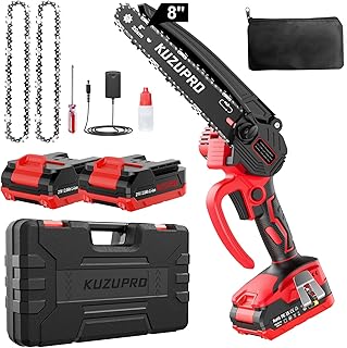 KUZUPRO Mini Chainsaw 8 Inch, Cordless Chainsaw Brushless with 2 Batteries 2.0Ah, 2 Chains, 10m/s Chain Speed Electric Power Chainsaw for Tree Branches, Courtyard, Household and Garden