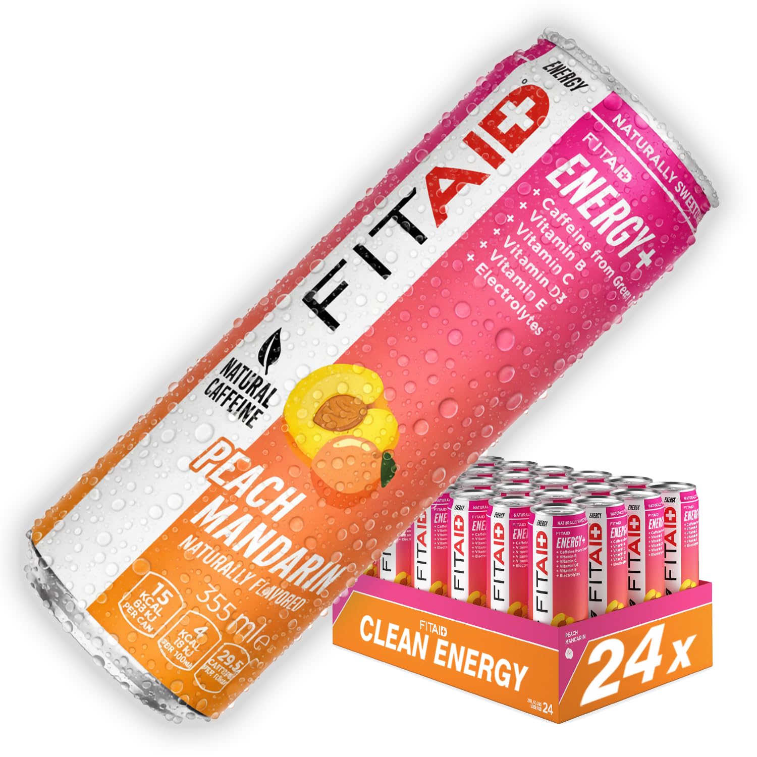 FITAID ENERGY, 105mg Natural Caffeine, Keto, Peach Mandarin, Optimum Performance Formula: Paleo, Vegan & Gluten-Free, No Artificial Sweeteners, 12-oz. cans (Pack of 24)