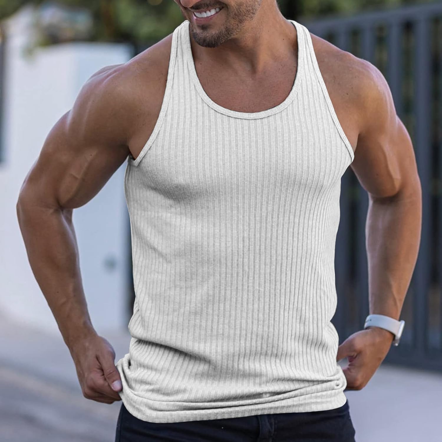 Ymosrh Men's Tank Tops Spring/Summer Knit Vertical Stripe Bodybuilding Fitness Vest I-Line Sleeveless Shirts for, S-3XL