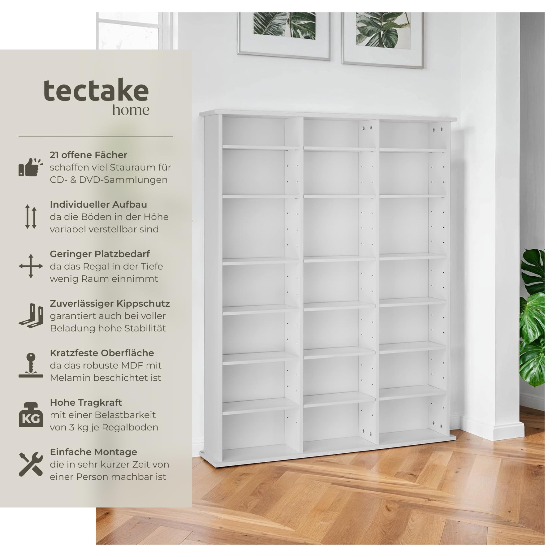 tectake® CD Regal, DVD Ständer, Raumteiler Schrank, Wand Regale Weiß, 18 Einstellbare Zwischenböden, Manga Aufbewahrungssystem - Weiß Matt