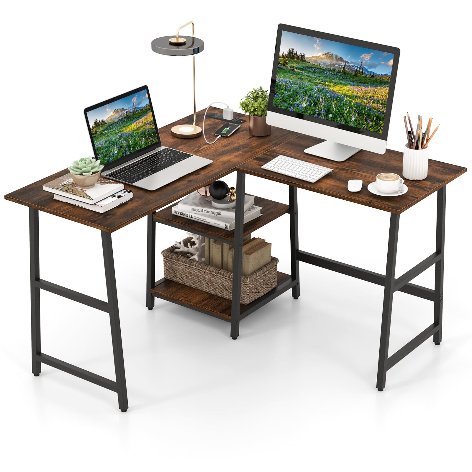 120cm L-Shaped Computer Desk, Large Desktop 2-Person Corner Writing Workstation PC Laptop Table with Storage Shelves, Home Office Work Study Gaming Desk (Rustic Brown)