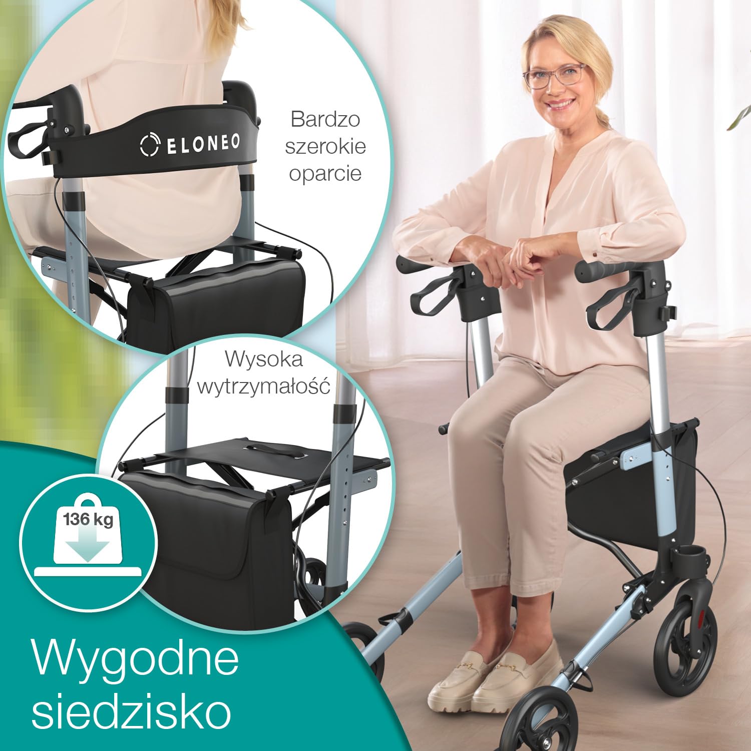 ELONEO Lekki rollator z siedziskiem, 8-stopniowa regulacja wysokości, 3-krotnie składana pomoc do chodzenia z torbą i uchwytem na parasol, mieści się w samochodzie (Antracyt)