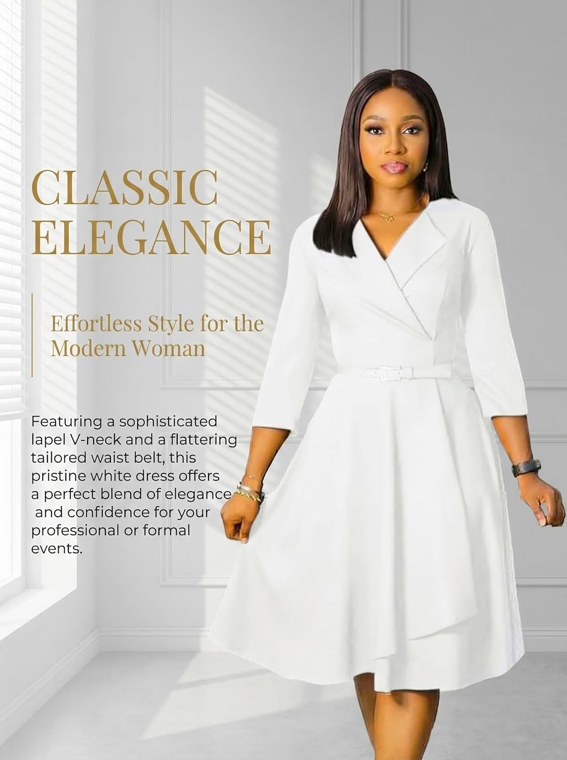 Elainone Women 3/4 Sleeve Casual Swing Flared A Line Dress Wedding Guest Semi Formal Office Work Dresses with Belt