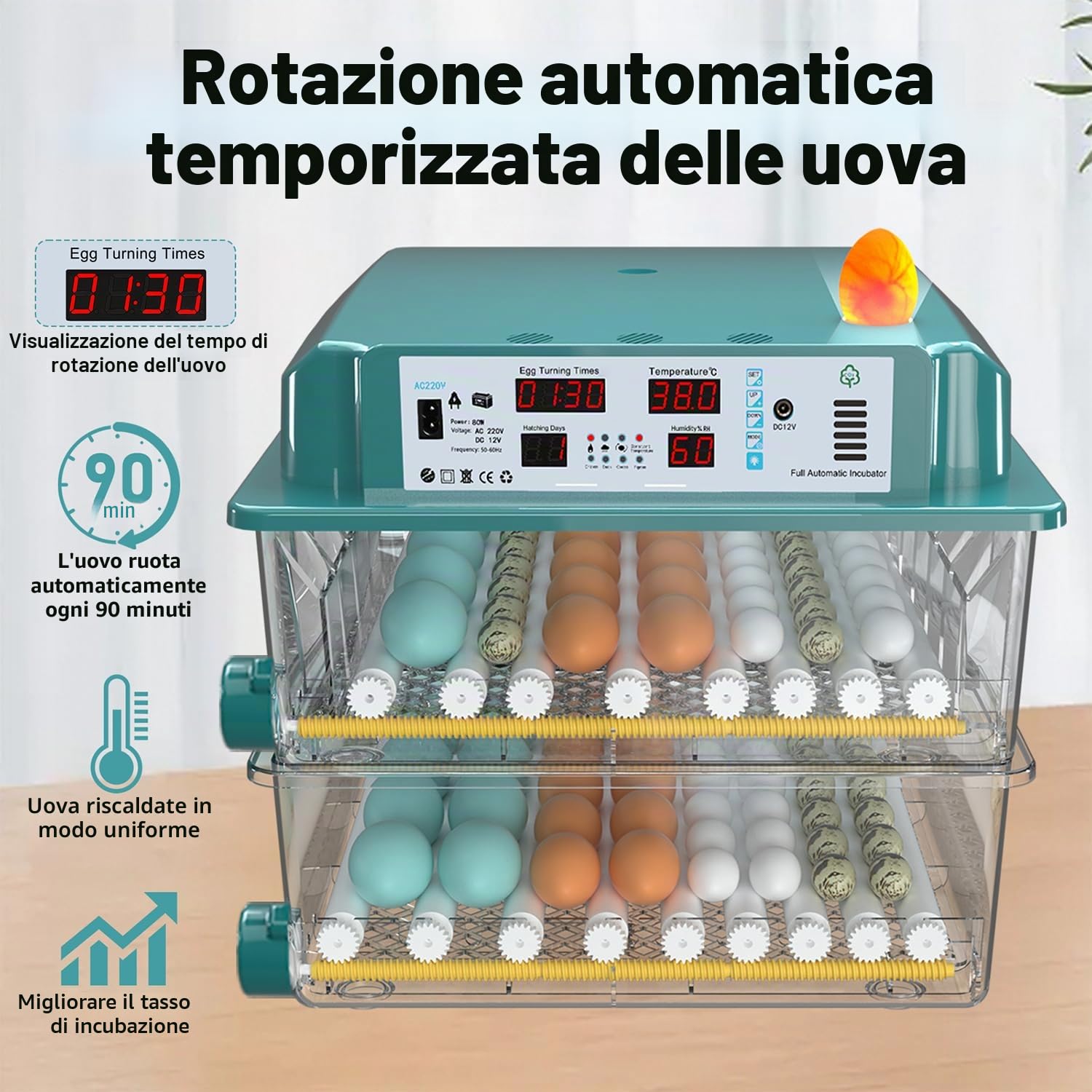 Incubatrice per Uova 120 Pezzi, Incubatrice per Uova Automatica con 4 Modalità di Incubazione, Riempimento Automatico dell'Acqua, Display Temperatura e Umidità, Incubatrice per Uova di Gallina