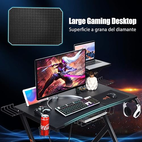 Miniatura 7 de POWERSTONE Escritorio para juegos de 52 pulgadas - Escritorio para computadora con estante para monitor, cesta de almacenamiento, soporte para tazas