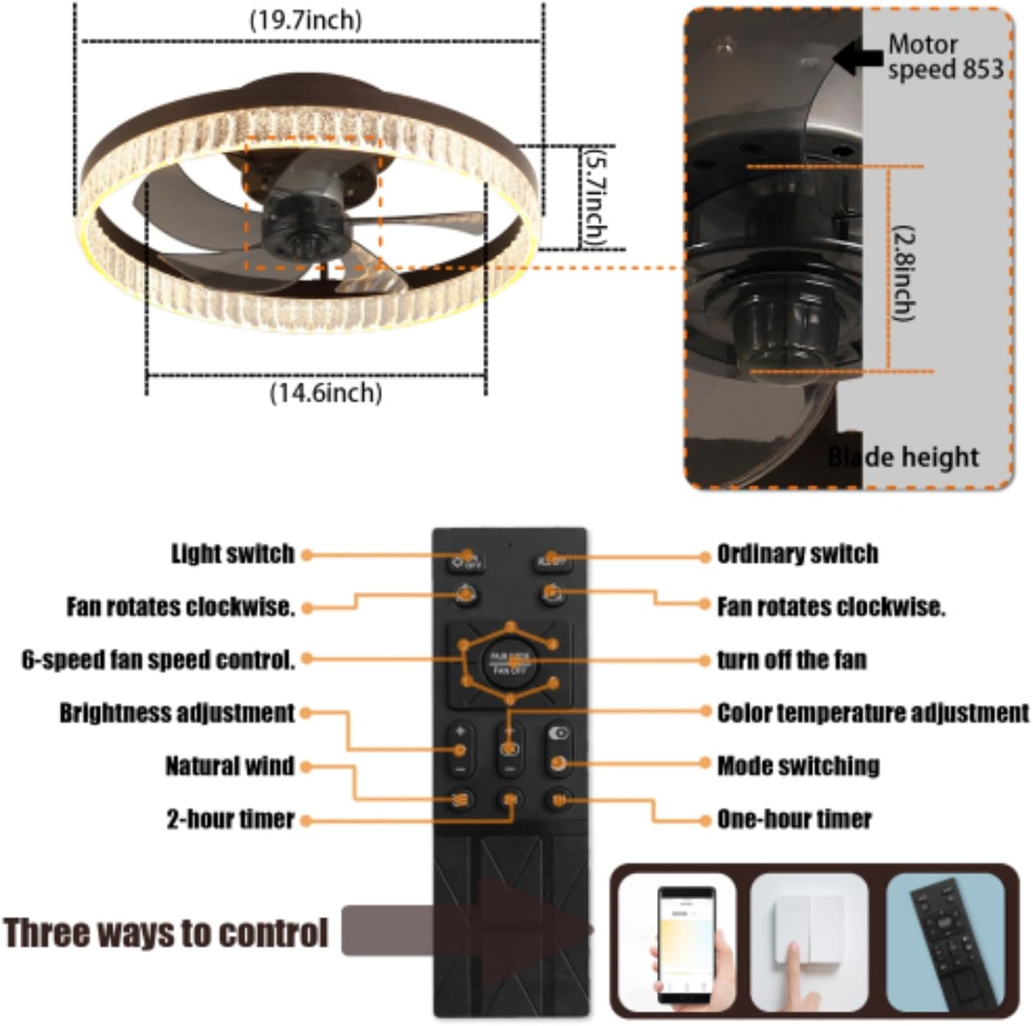 20" Brown Ceiling Fan with LED Light – Modern Flush Mount Fan Light for Bedroom, Living Room, and Home Décor with Crystal Ring Design