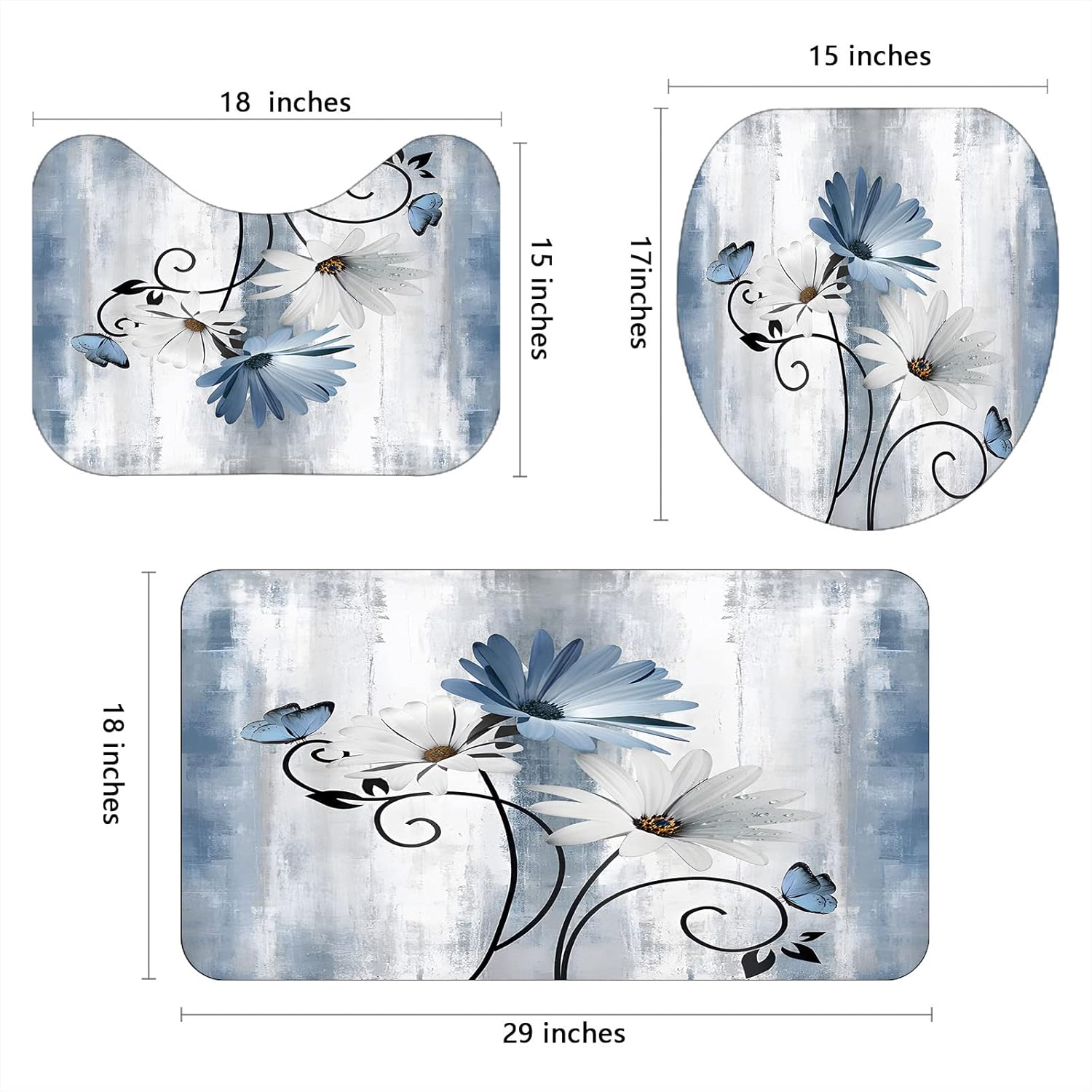 4 Pcs Blue Daisy Shower Curtain Set,Rustic Farmhouse Floral Flowers and Butterfly Turquoise Blue On Country Wooden for Bathroom Shower Curtains Big Bath Mat with 12pcs Hooks,70"x 70"