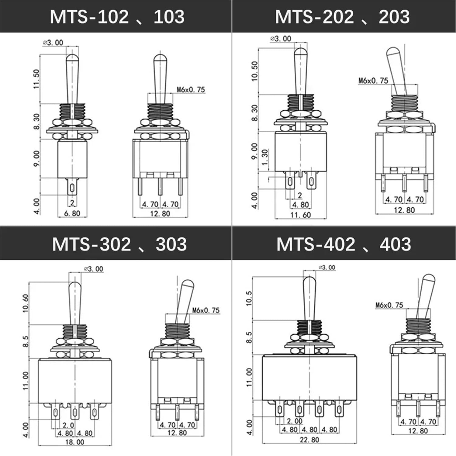 5pcs 3/6/9/12 Pin Toggle Switch ON-ON/ON-Off-ON 2 3 Position 102 103 202 203 302 303 402 403 with Waterproof Cap(9 Pins with Cap,ON-ON)