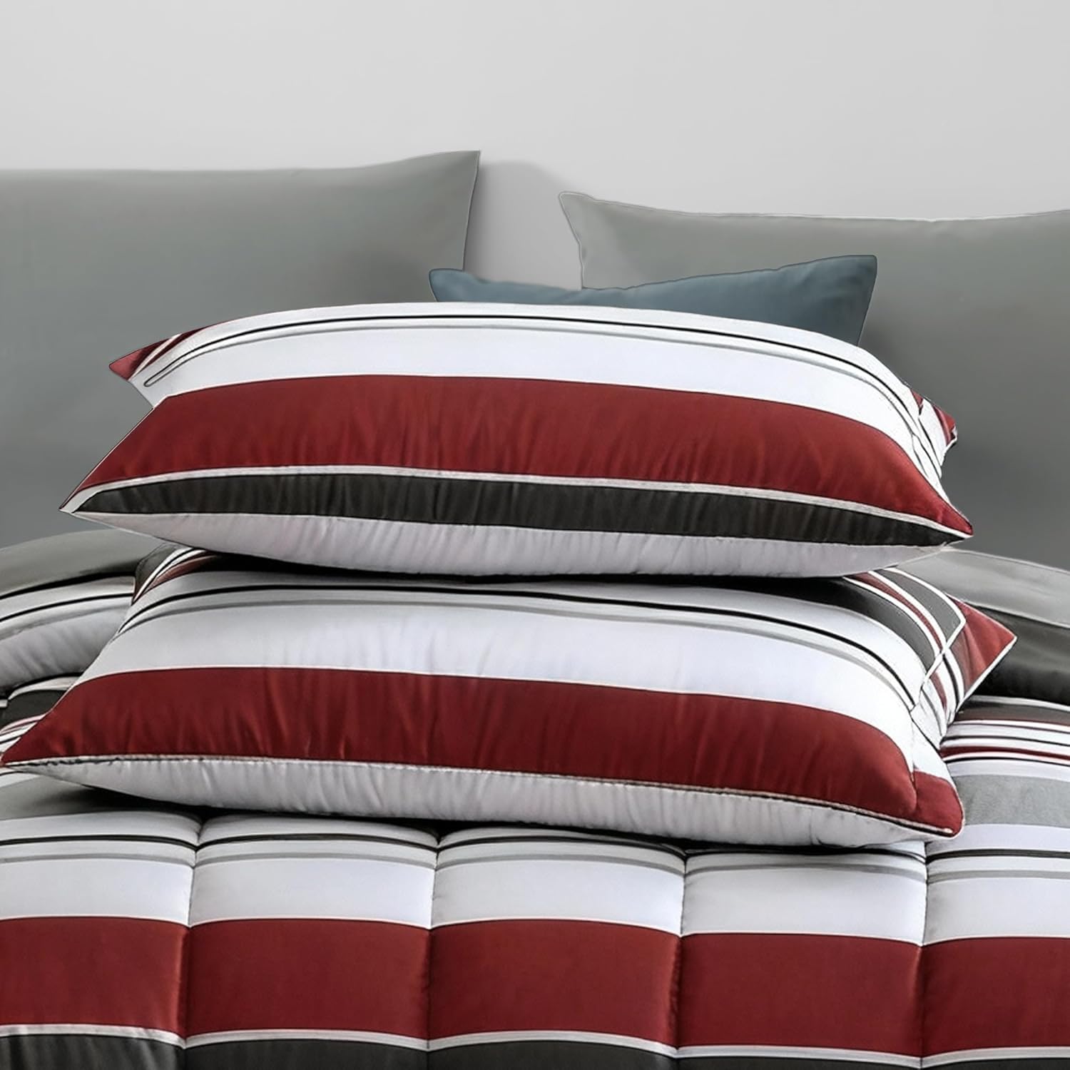 Monbix Queen Comforter Set - 7 Pieces Bed in a Bag Queen, Red and Black-Stripe Bedding Sets, All Seasons Comforter Bed Set with Sheets, Pillowcases & Shams
