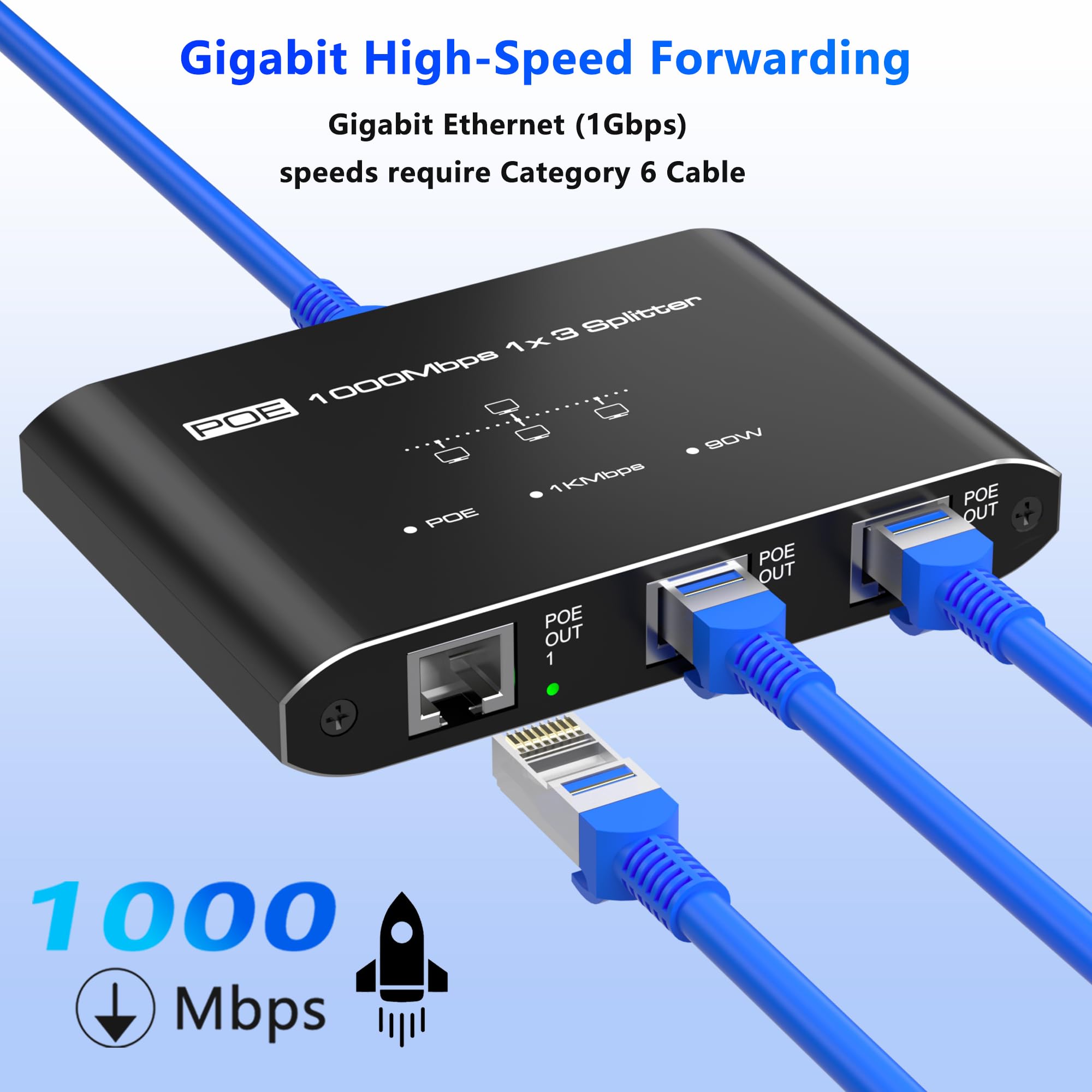 Commutateur PoE 1 entrée 3 sorties, répartiteur PoE Gigabit 3 ports, conforme à la norme IEEE 802.3at/af, concentrateur d'alimentation par port 30 W par port pour caméras IP/points d'accès/téléphones