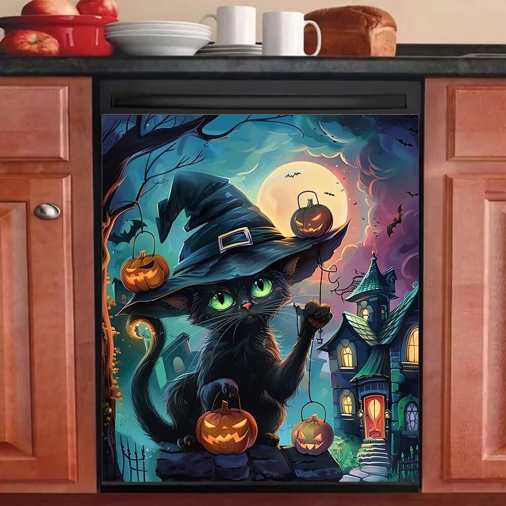 Generic Kitchen Decoration Dishwasher Magnet Cover Black cat Refrigerator Door Panel Magnetic Pumpkin Vinyl Sticker Halloween Home Cabinet Holiday Decoration 23"" x 26"" Magnetic