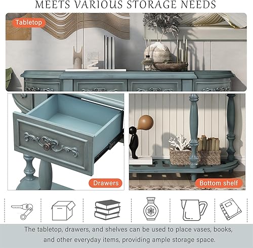 Miniatura 4 de Polibi Mesa consola curvada retro con estante de estilo abierto y 4 cajones superiores, mesa de entrada de media luna de 52 pulgadas de ancho con