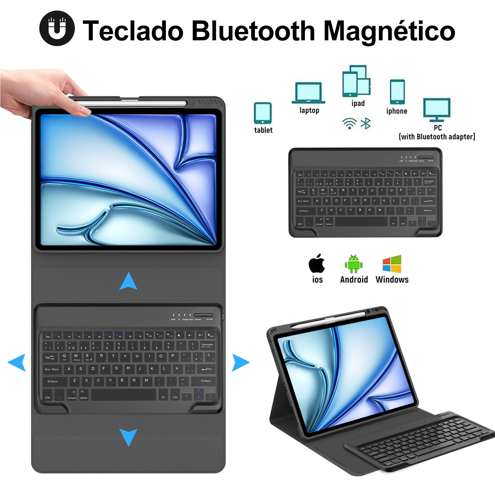 FOGARI Teclado para iPad Air 13" M4/M3/M2 2026/2025/2024, Funda con Español Ñ Teclado Bluetooth Magnético Desmontable para iPad Air 13 Pulgadas M2/M3/M4 2026, Negro