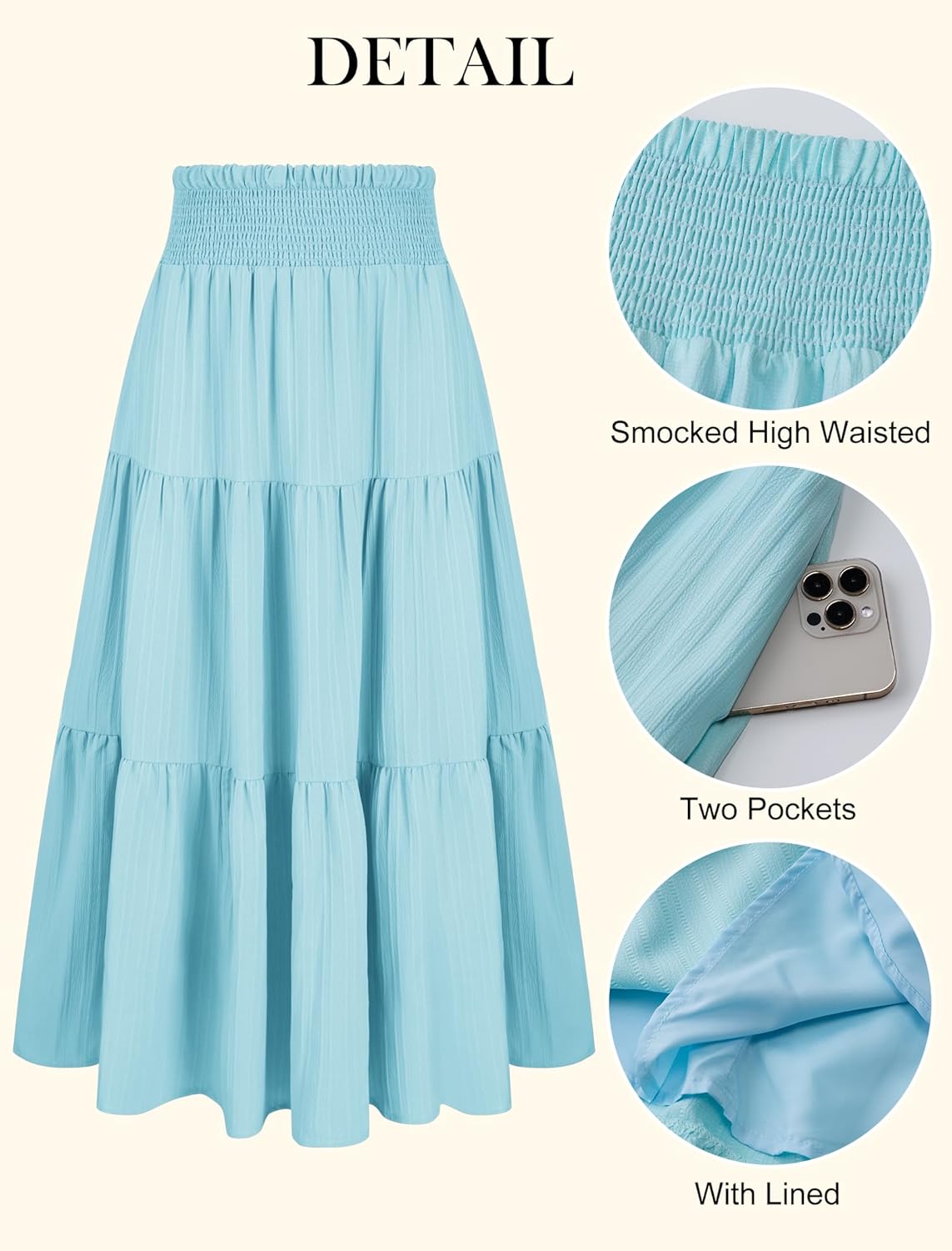 Arolina Women's Summer Maxi Skirt Casual Smocked High Waist Long Skirts Flowy Boho Skirt with Pockets for Beach Vacation - Image 5