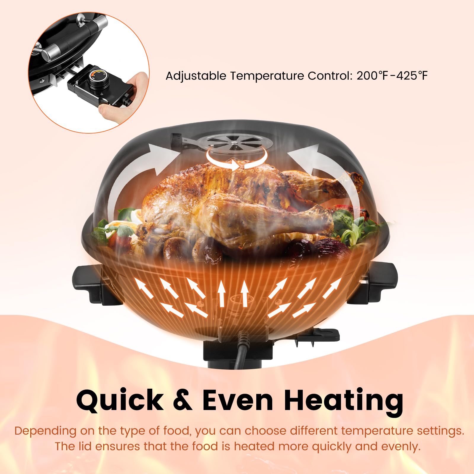 Parrilla eléctrica de 1600 W para exteriores, parrilla de campamento independiente de 15 porciones con estante de calentamiento, bandeja de goteo de aceite extraíble, control de temperatura 3
