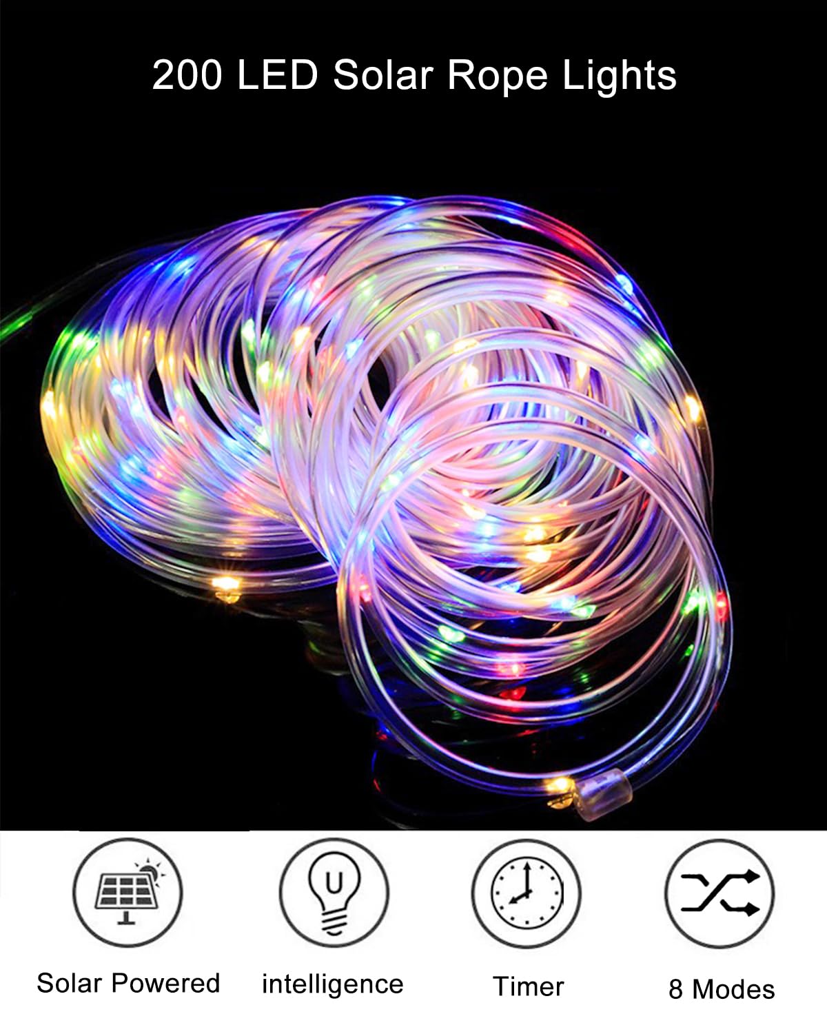 Jedavai Upgraded 70FT 200 LED Solar Rope Lights, Timer & 8 Modes Trampoline Accessories Solar String Lights, IP65 Waterproof Solar Powered Fairy Lights for Party Garden Yard Tree Camp(Multi Colored)