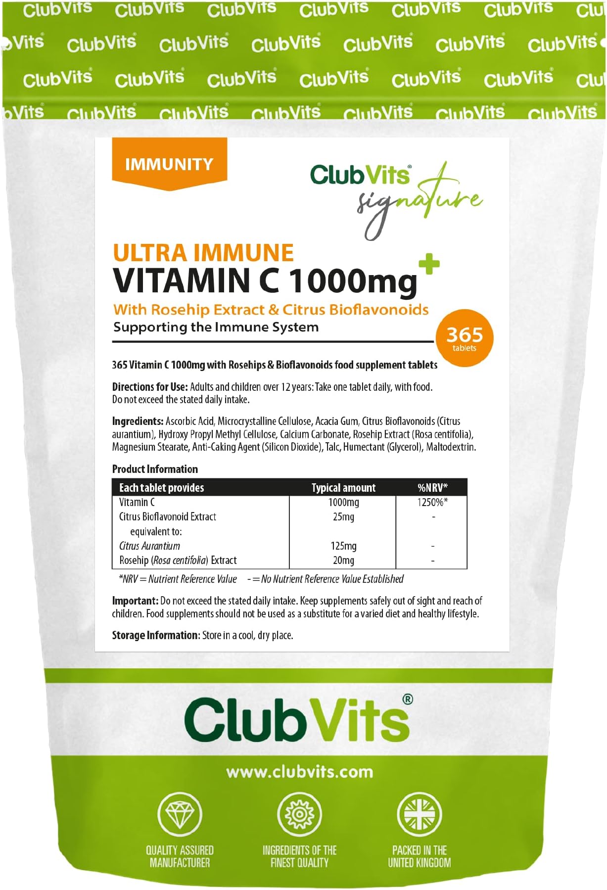 High Strength Vitamin C Tablets - [1000mg Per Daily Dose] with Rosehip + Bioflavonoids - 365 VIT C Supplement Tablets - Contributes to The Normal Maintenance Immune System - Made in The UK (Bottle)