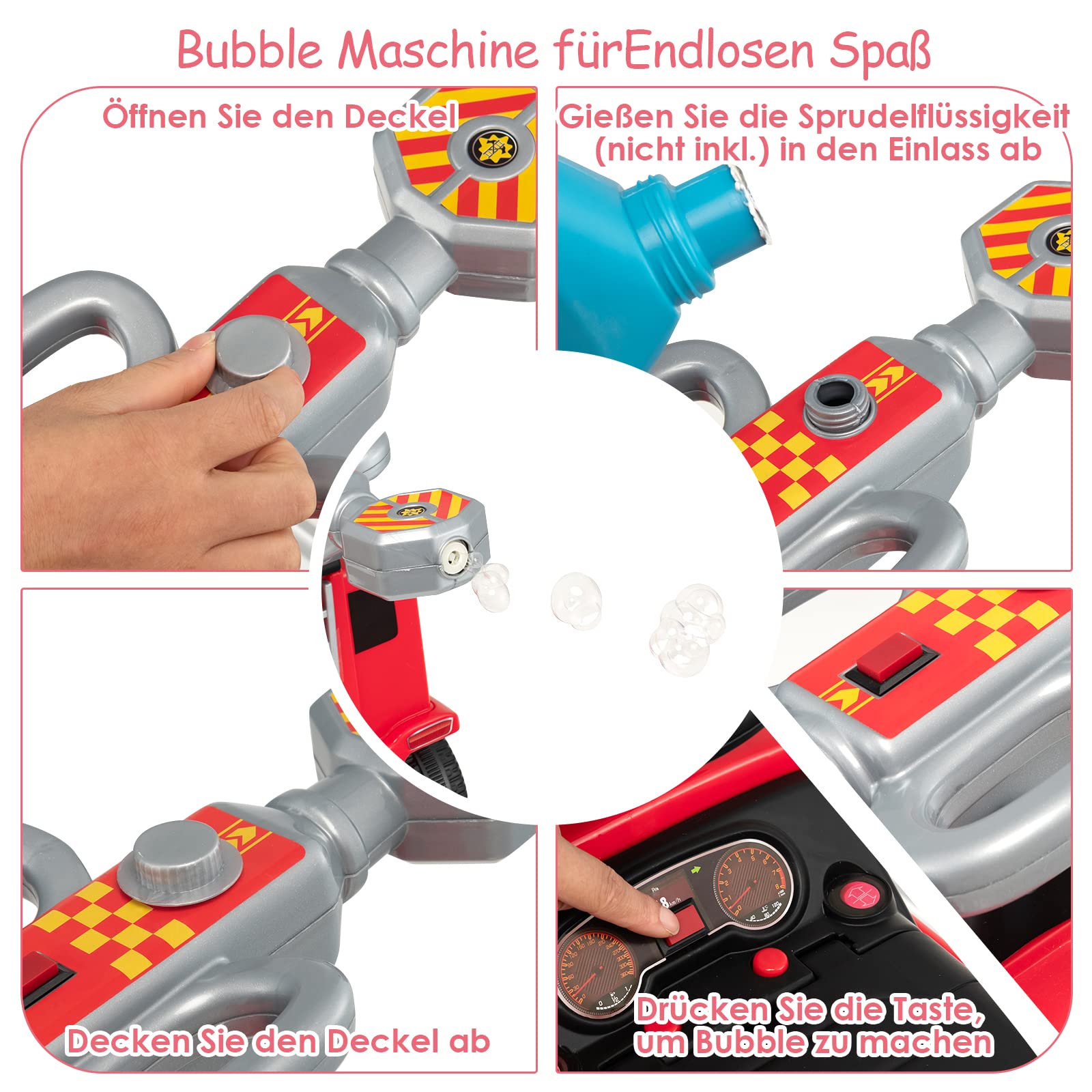 DREAMADE Rutscherauto Kinder mit Bubble Maschine, Feuerwehrfahrzeug Kinder bis 20kg, Rutschauto mit Lichtern und Musik, Rutscherfahrzeug für Baby von 18-36 Monate (Modell 1)