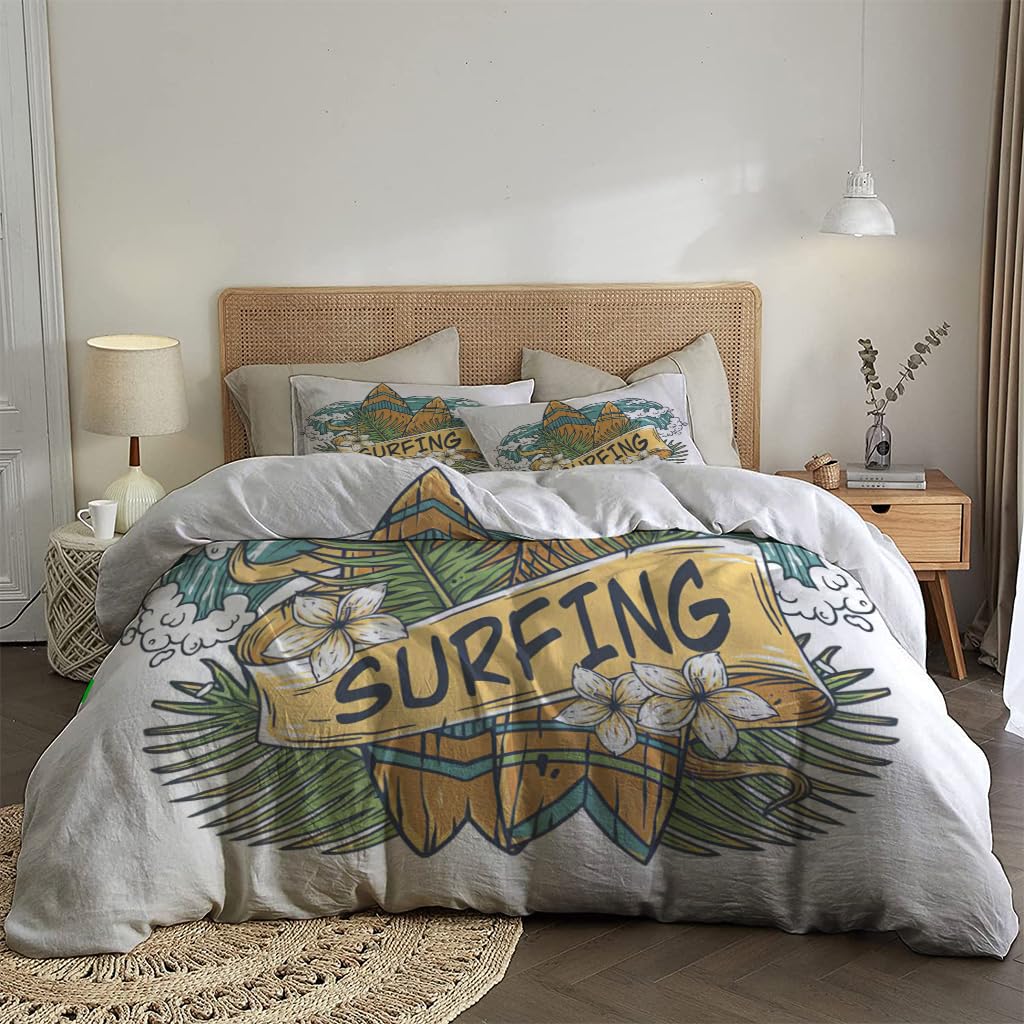 NIBAINLO 布団カバーサーフィン ハワイ サーフボード 波 ヤシの葉 ハイビカスの花 肌に優しい ピーチスキン加工 掛け布団カバー 和式 洋式 あったか 布団カバーセット リバーシブル ホームステイ ホテル 家庭兼用