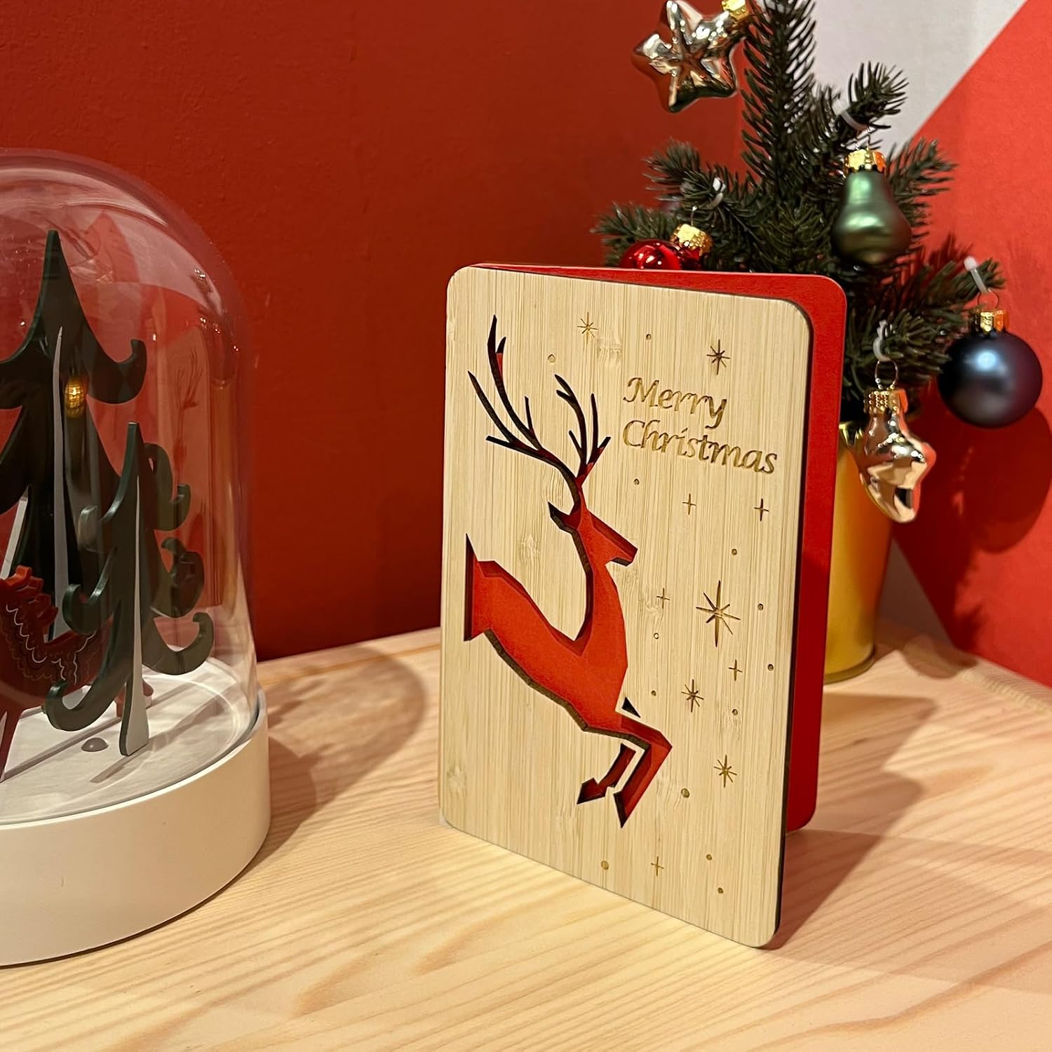 Wooden Christmas Greeting Card,Handmade Reindeer Pattern Greeting Card,Merry Christmas Card For Friends,Family