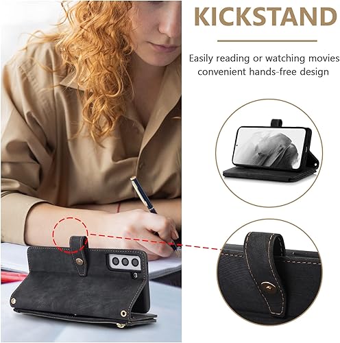 Miniatura 139 de UEEBAI Funda para Samsung Galaxy S21 FE 5G, 9 ranuras para tarjetas, cartera de cuero retro a prueba de golpes, con correa de mano, ranuras