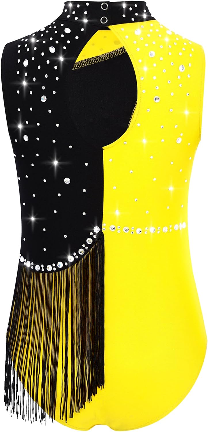 Kids Girls Rhinestone Rhythmic Gymnastics Leotard Sleeveless Latin Dance Dress Tassel Figure Skating Bodysuit