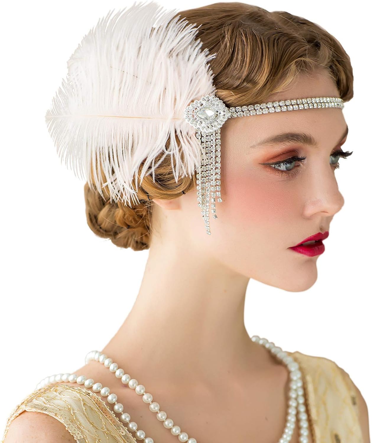Excefore 1920’s Flapper Headband, Great Gatsby Inspired Feather Headpiece 20s Art Deco Hair Accessories Headband Party Rhinestone Hair Accessories for Women, Ivory (PINK)