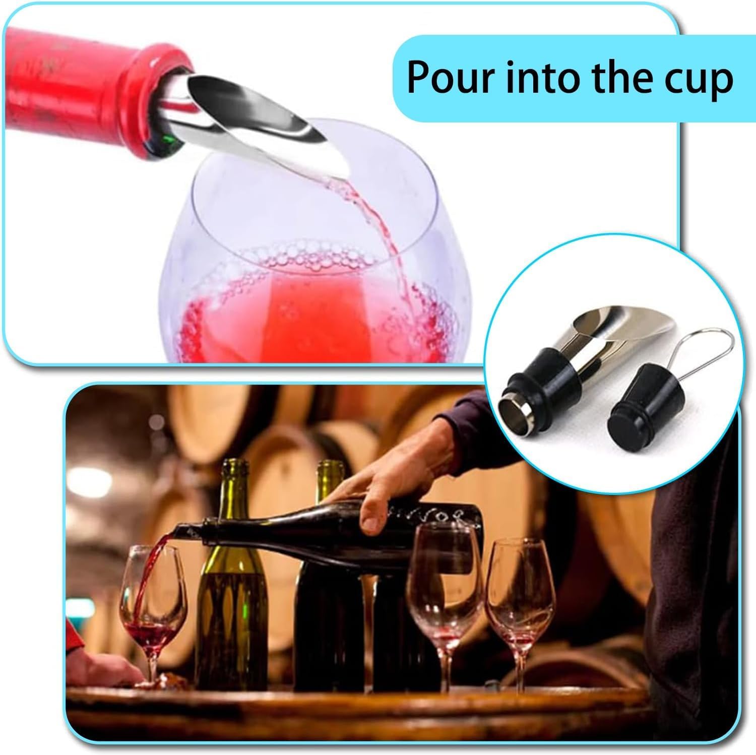 Stainless Steel Wine Aerator and Pourer Set, 5-Piece 2-in-1 Wine Spout with Silicone Bottle Stopper, Premium Silver Wine Accessories for Home Bar, Elegant Gift Box, No-Drip Pouring & Enhanced Flavor