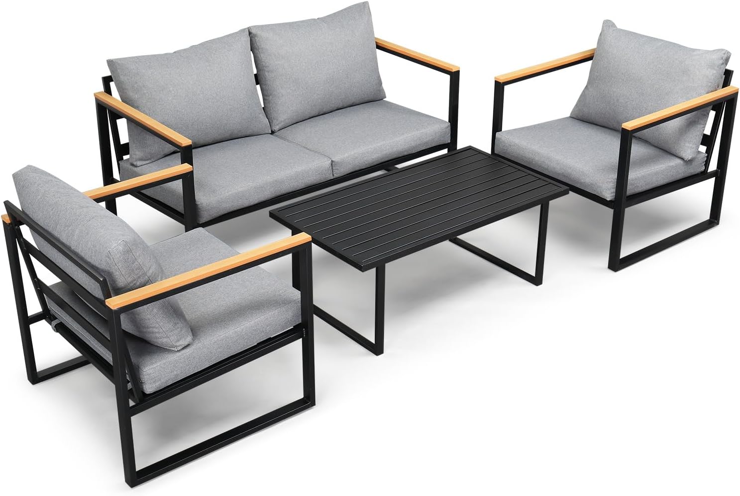 VINGLI Outdoor Patio Furniture Sets 4-Piece, Sectional Outdoor Conversation Sets w/Iron Coffee Table, Patio Couch with Removable Cushion for Porch, Garden, Poolside