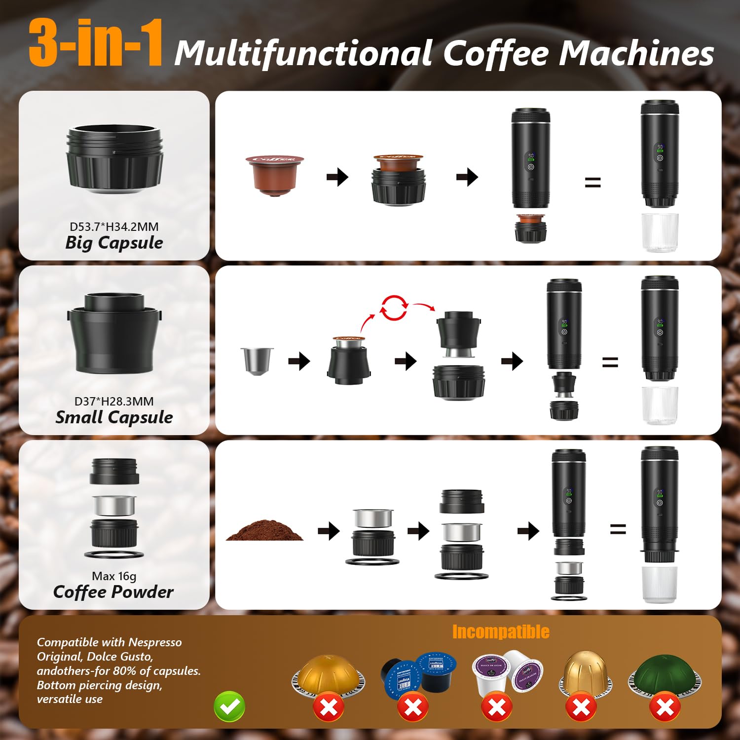Tragbare Espressomaschine 3 In 1 Akku Kaffeemaschine 20 Bar Mini mit USB Selbsterhitzend für Kaffee und Kapseln