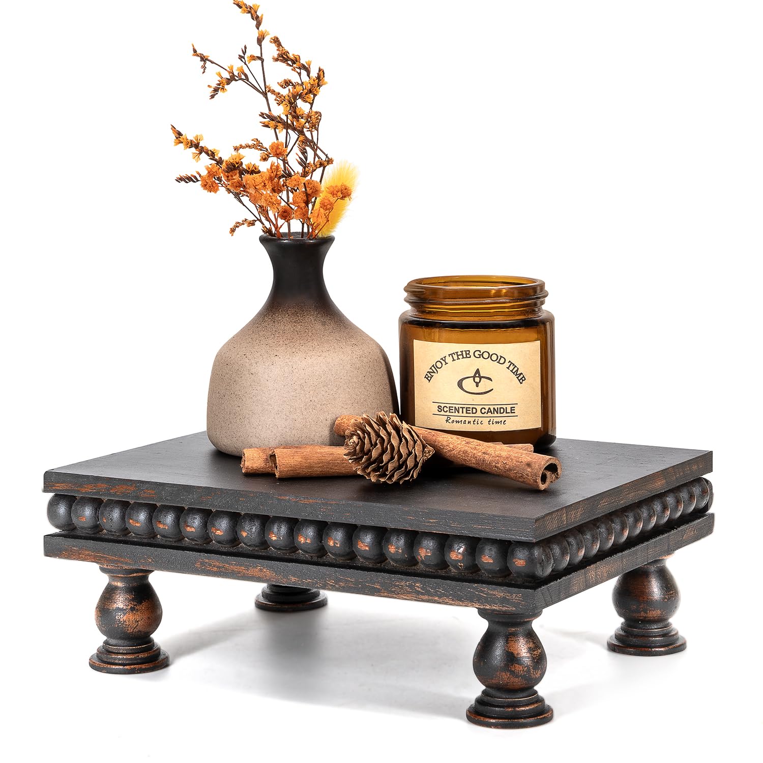 EOSAHR Pine Wood Display Riser – Boho Pedestal Stand for Home Decor, Showcasing Apartment Essentials, Perfume Tray or Coffee Table Accents – Modern Farmhouse Decor(Old Black) — image 1