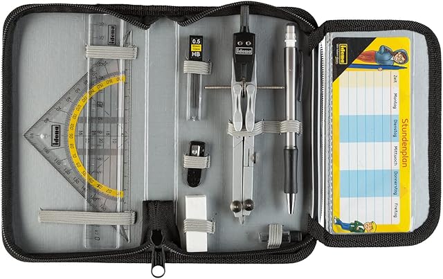 Idena 20066 - Kompasy w etui, 11 sztuk, z zestawem kwadratów, linijką, zapasowymi końcówkami do kompasu, ołówkiem mechanicznym i zapasowymi końcówkami, planem lekcji, gumką i temperówką