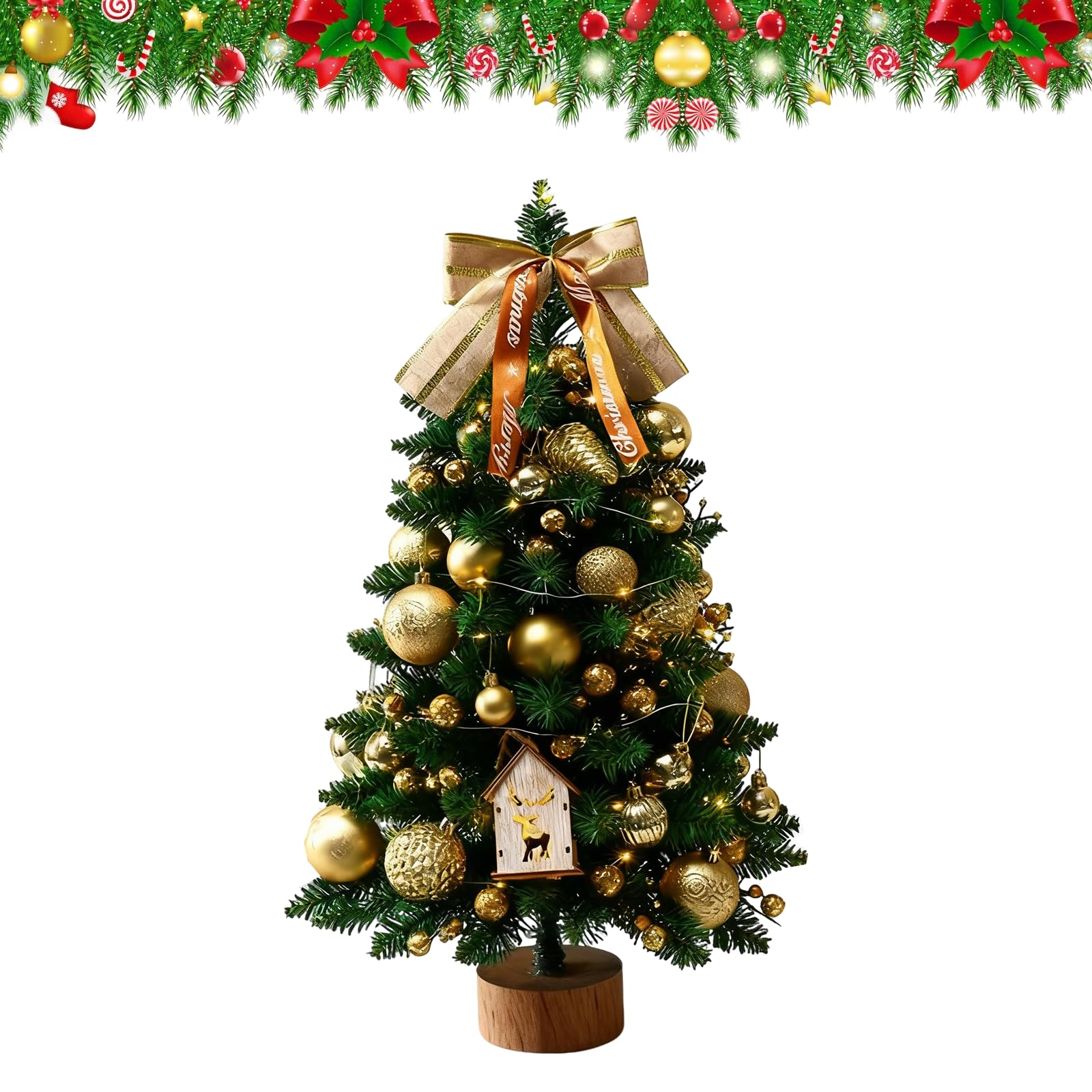 Kouamor A 45Cm/1.48Ft Mini Christmas Tree With Lights, Small Christmas Tree With Lights, Potted Mini Xmas Tree, With Tree Topper Bow, Christmas Balls, For Home Room Office Table Christmas Decor (A)