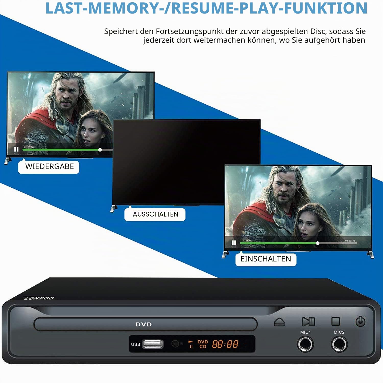 Kompakter DVD-Player mit SCART-Anschluss, Regionsfreier HD-DVD-CD-Player mit HDMI-Anschluss/AV-Anschluss, integriertes PAL/NTSC-TV-System, unterstützt MIC-Eingang, USB-Eingang (DVD Player)