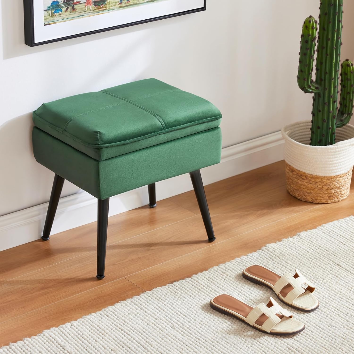 Storage Ottoman Upholstered Stool with Padded Seat, Tufted Vanity Stool with Metal Legs, Accent Stool, Velvet, Green
