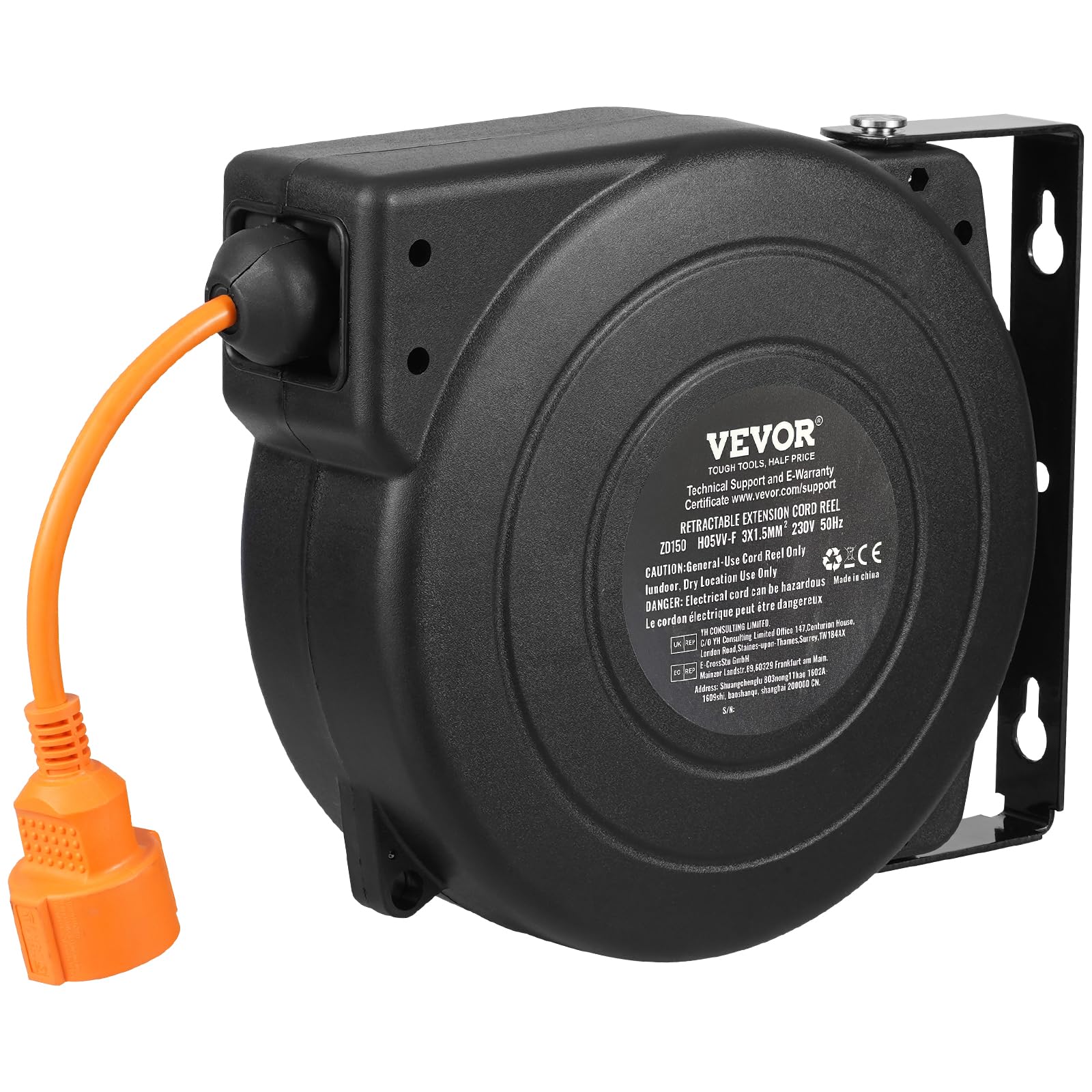 VEVOR Avvolgicavo Prolunga Retrattile, 19m, 1000W con Cavo di Alimentazione da 1m Protezione da Surriscaldamento, Guscio in PP, Staffa Girevole a 180° per Montaggio a Soffitto o a Parete