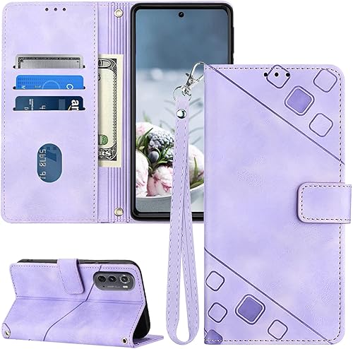 Funda compatible con Motorola Edge 2022, ranuras para tarjetero, correa de muñeca, función atril, funda protectora interior de TPU para teléfono