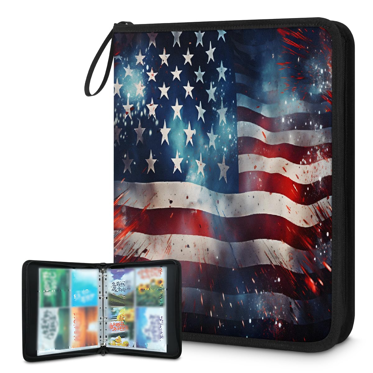 Raccoglitore per carte collezionabili con 4 tasche per il 4 luglio, vintage, con bandiera americana, raccoglitore per carte con maniche rimovibili, impermeabile, con cerniera, 50 pagine, capacità 400