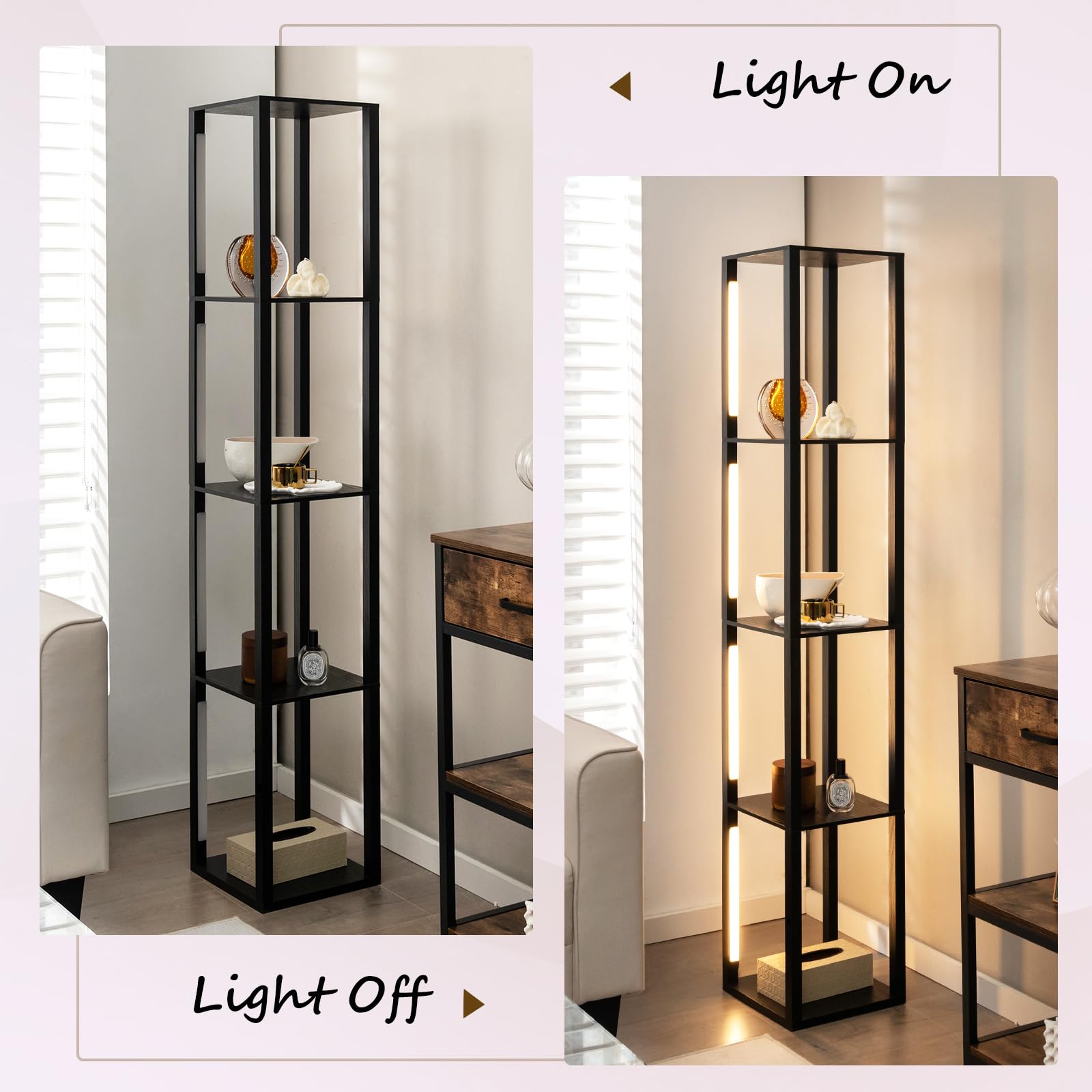 HOMASIS Lampada da Terra a 4 Ripiani in Legno, Piantana Led con 3 Livelli di Luminosità Regolabili, Angoliera Soggiorno con Palo Luminoso Rotabile a 360° per Salotto, 29 x 29 x 163 cm (Nero)