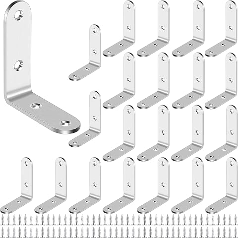 Soporte de Esquina,20 piezas acero inoxidable Soportes en L,Conectores de Angulo,Soporte de Angulo,90 grados,para conectar o fijar mesas,sillas y librerías (Plata, 50*50 mm)