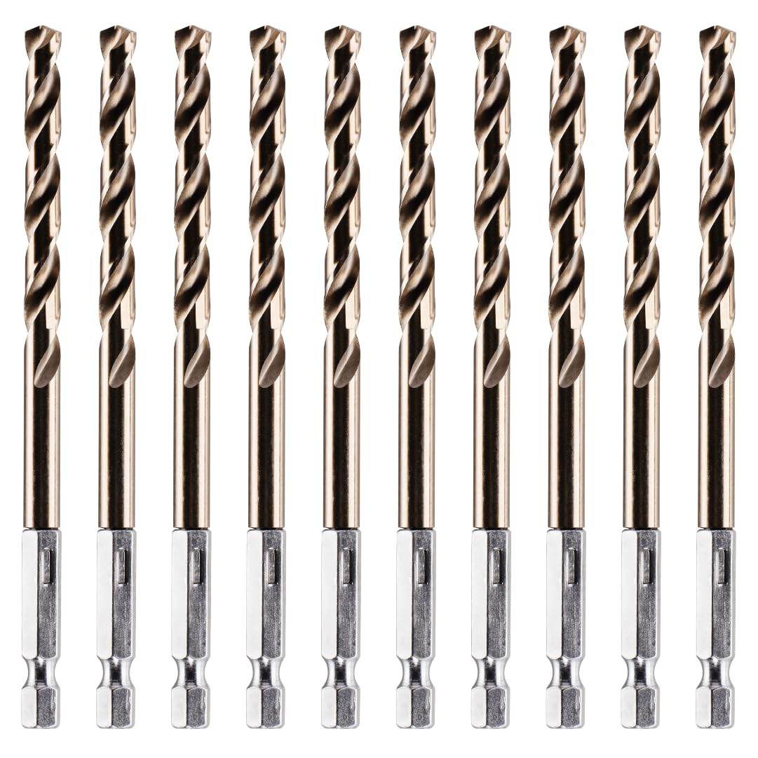 Rennie Tools - Box of 10 x 6mm Hex Shank HSS Gold Cobalt Jobber Drill Bit Set For Stainless Steel, Hard Metals, Aluminium, Cast Iron, Copper. Twist Drill Bit Sets. 6mm Drill Bits Metric Drill Set — image 1