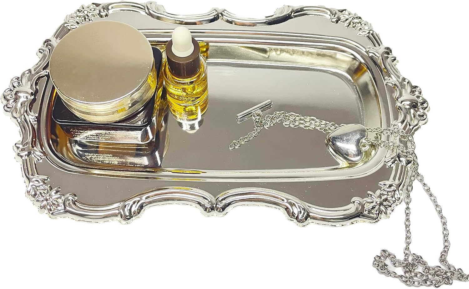 VintageTrays Vanity DecorativeTray, Sliver Makeup Organizer Bathroom or Jewelry Display, 7.87” x 4.84” Metal Plate Holde Rectangle Home Organizers（Rectangle-Sliver