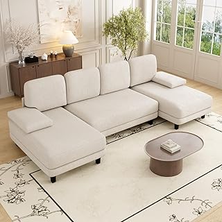 Advwin Sectiona U Shape Sofa, 280cm 4-Seater Chenille Fabric Couch, Modern Sofa Couch with Double Chaise Beige