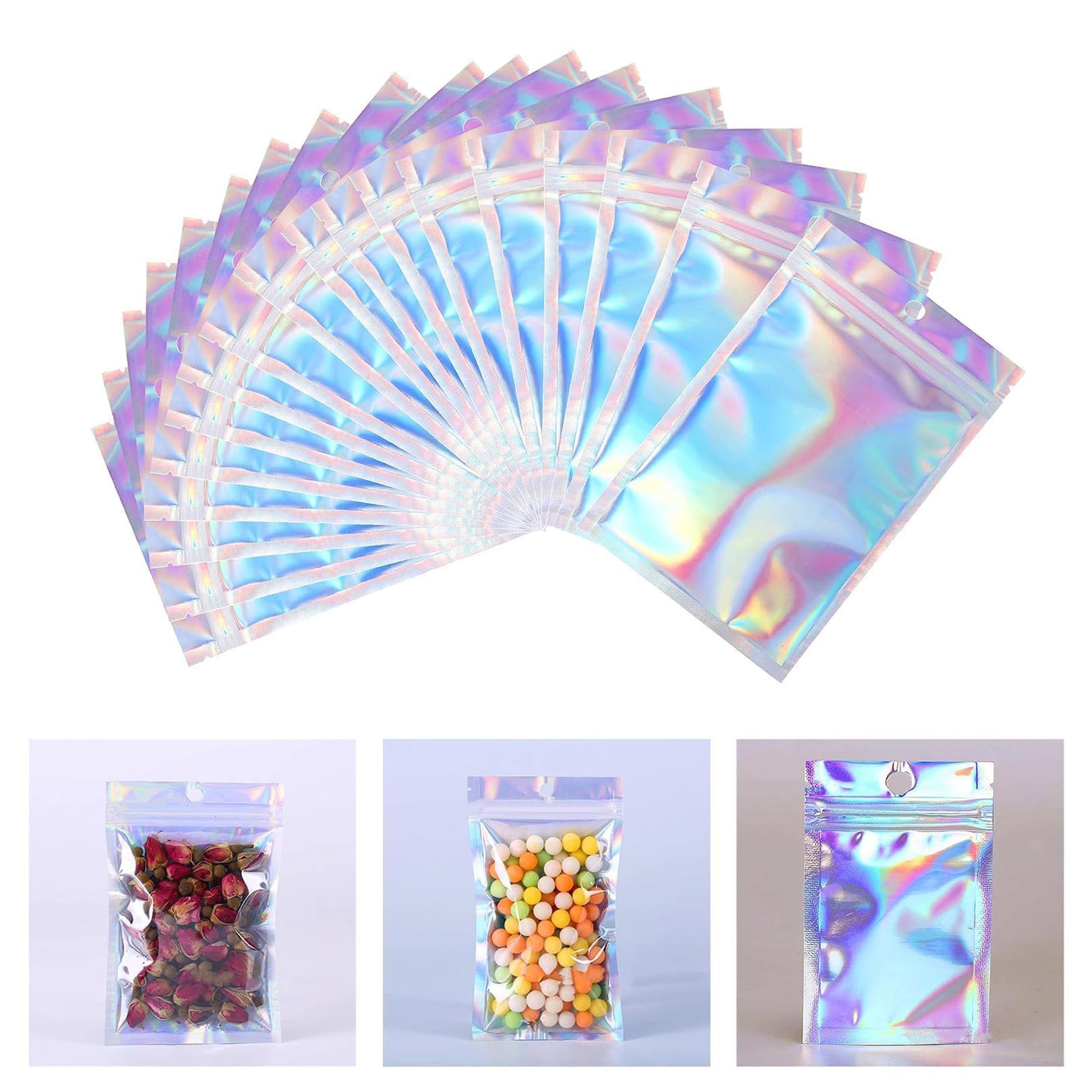 50 Pcs Mylar Zip Lock Bags, 9 x 12cm Holographic Rainbow Small Ziplock Bags, Smell Proof & Moisture Proof for Goodie, Candy, Cookies, Party Favours & Jewelry Storage