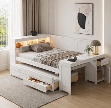 SOFTSEA Full Size Daybed with Desk and Trundle, Solid Wood Corner Bed with Storage Headboard & LED Lights, Drawers, Space-Saving L-Shaped Daybed Frame for Teens, Adults, White