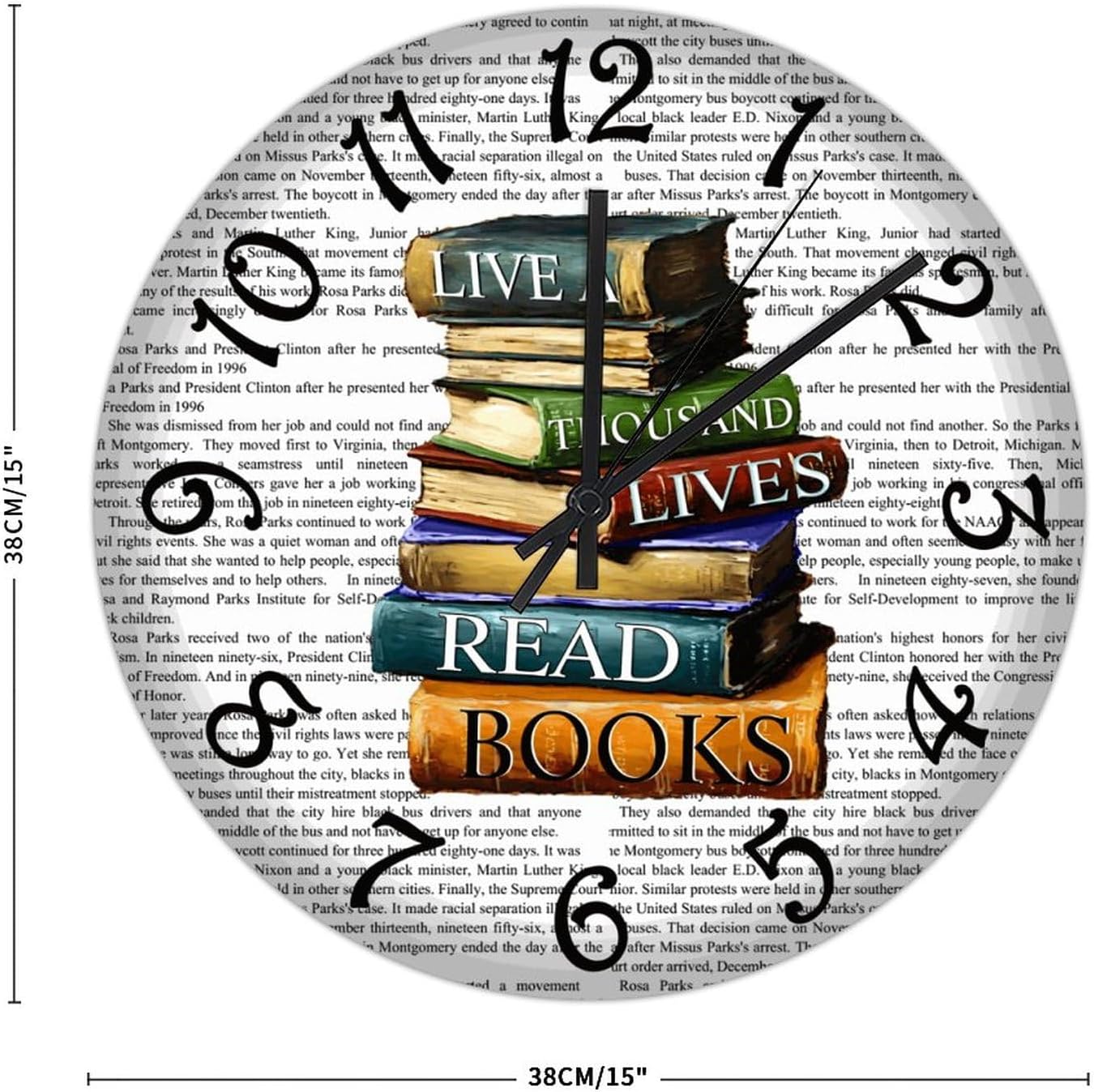 Lived A Thousand Lives Read Books PVC Wall Clock Read Library Hanging Clock 15in Battery Operated Silent Non-Ticking Modern Clock for Living Room Kitchen Home Bathroom Room