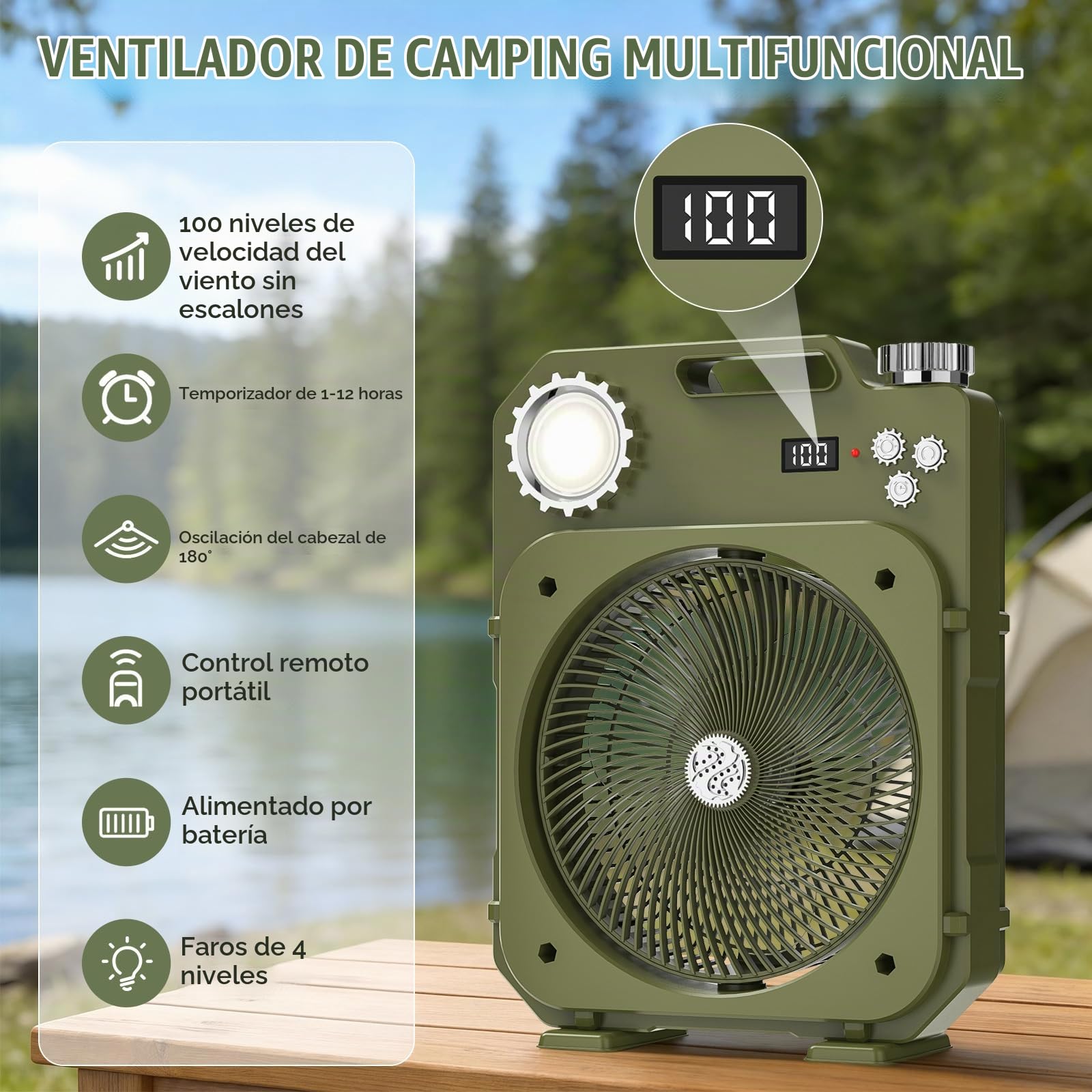 Ventilador de Camping Portátil con Luz LED, Ventilador de Mesa